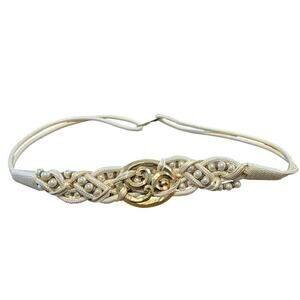 Vintage 80s Belt Women Size 1X White Gold Tone Braided Woven Glam Rock Beaded
